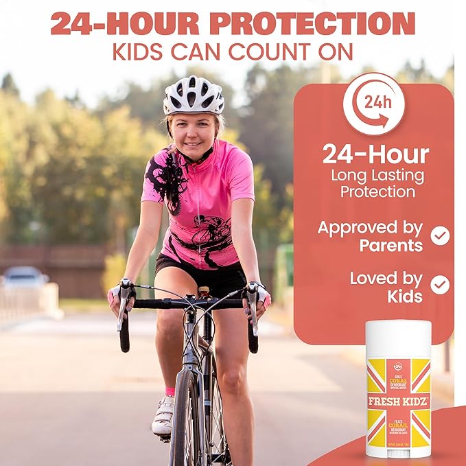Fresh Kidz Deodorant Stick for Kids and Teens - Baking Soda and Aluminum-free 24 Hour Protection for Sensitive Skin - Girls "Coral", 2.65 oz / 75 g (2 Pack)