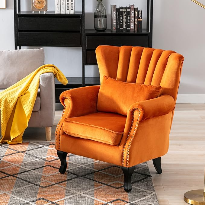 DM Furniture Mid Century Accent Chair Modern Tufted Wingback Armchairs Club Chair Velvet Single Sofa Lounge Chair with Pillow for Living Room, Orange