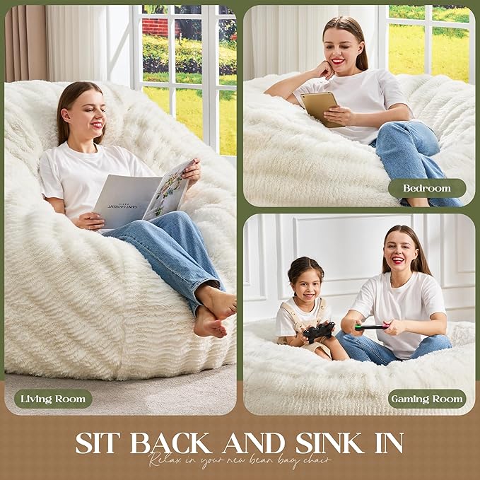 Hobestluk Bean Bag Chairs Beanbag Chair with Filler Adult Bean Bags with Fluffy Ripple Cover, Giant Bean Bag Chairs for Adults (White, 5FT - 50" x 50" x 24")