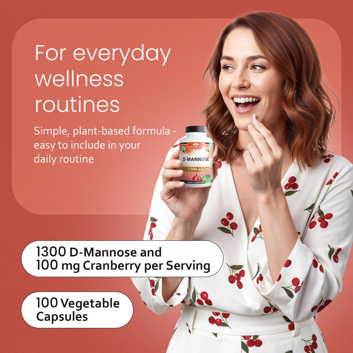 NaturaLife Labs Organic D-Mannose 1300 mg with Organic Cranberry Extract 100 mg per Serving – 100 Capsules – Non-GMO, Gluten-Free, Vegan