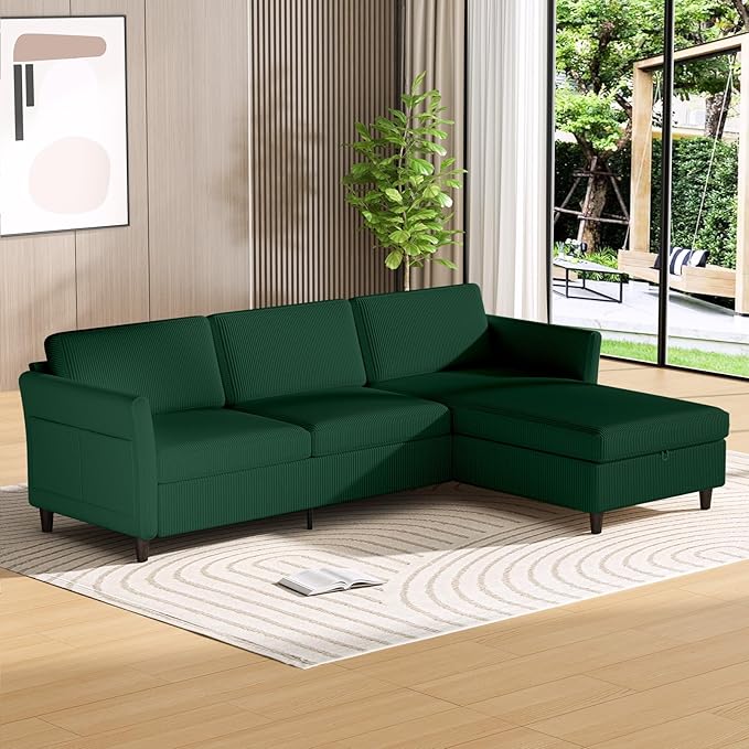 Valthie Convertible Sectional Sofa,Corduroy L-Shaped Couch with Reversible Storage Chaise,3-Seater Sofa with Side Pocket for Living Room,Bedroom and Office, 106.7",Green