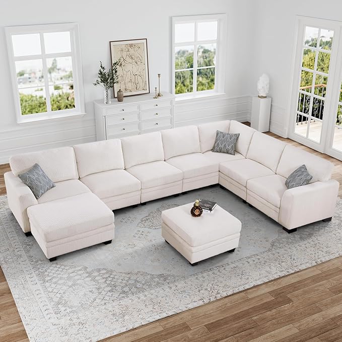 Legend Vansen Sectional Couches for Living Room,L-Shaped Corduroy Sofa with Ottoman for Living Room,Bedroom and Apartment (Cream, U-9)