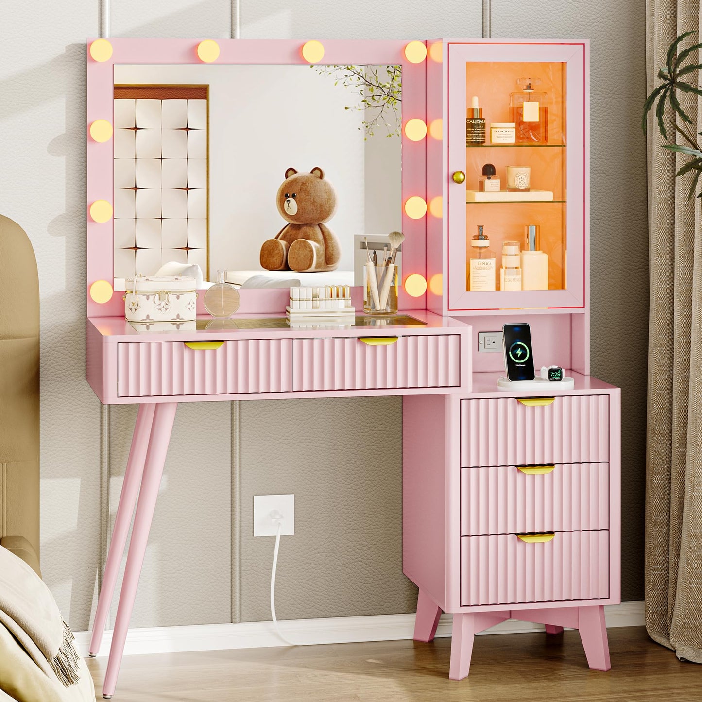 Fluted Vanity Desk with Mirror and Lights, 45" Pink Makeup Vanity Desk with Lights &5 Drawers, Glass Top Makeup Table with Lighted Mirror and RGB Cabinet,Dressing Table with Power Outlet for Bedroom