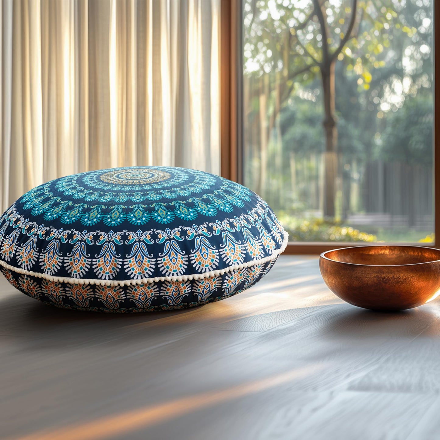 Codi Meditation Floor Pillow Set of 2, Round Large Pillows Seating for Adults, Bohemian Mandala Circle Cushion for Outdoor Fireplace Yoga Living Room, 32 Inch, Memory Foam Added, Navy