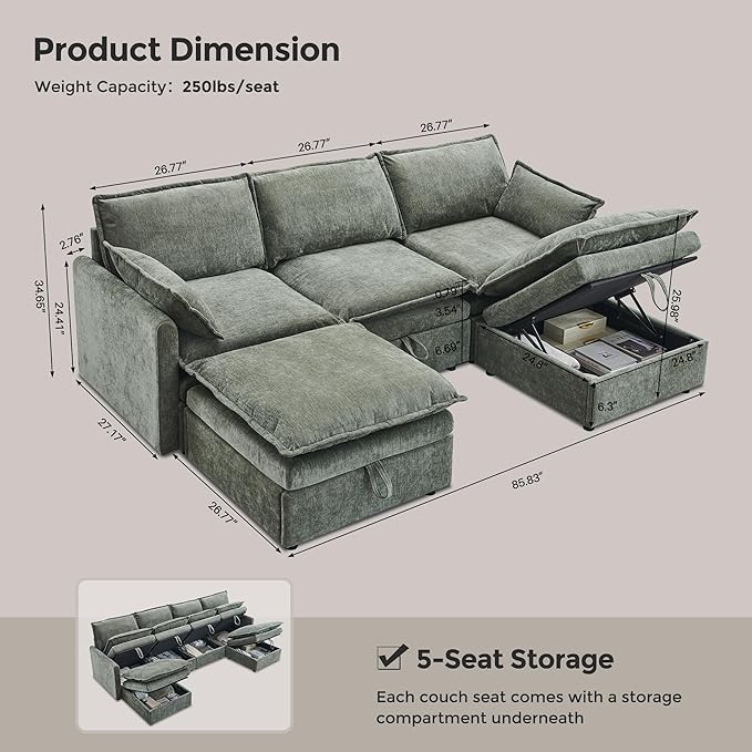 85.83" Sectional Couches for Living Room, Cloud Couch Sectional with Large Storage Ottoman, U-Shape Modular Sectional Sofa with 5 Seater Chenille Sofa and Pillow for Apartment, Bedroom, Green