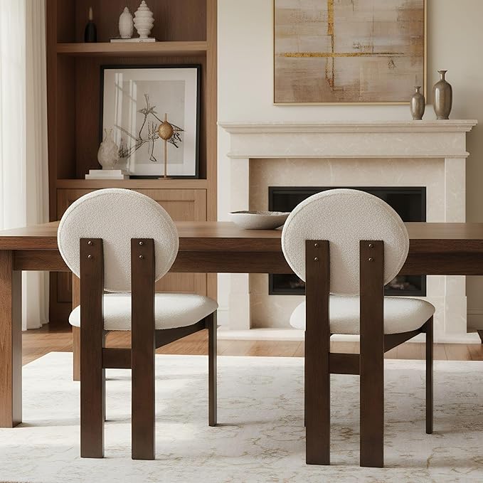 Modern Wood Dining Chairs Set of 2, Farmhouse White Boucle Kitchen Chairs with Round Back and Wooden Walnut Legs, Mid-Century Armless Upholstered Accent Chairs for Dining Room/Living Room/Restaurant