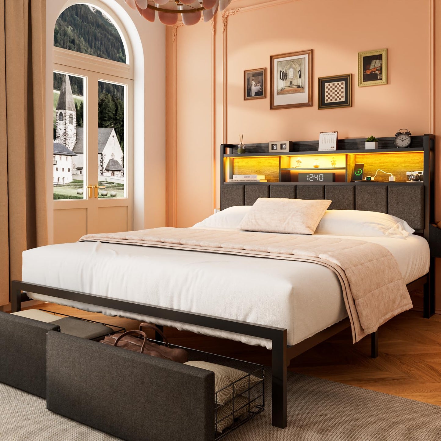 Furnulem Full Size Bed Frame with Headboard, Bed Frame Full Size with Storage Drawers, Charging Station and LED Lights, Metal Platform No Box Spring Needed, Upholstered Headboard, Noise Free, Black