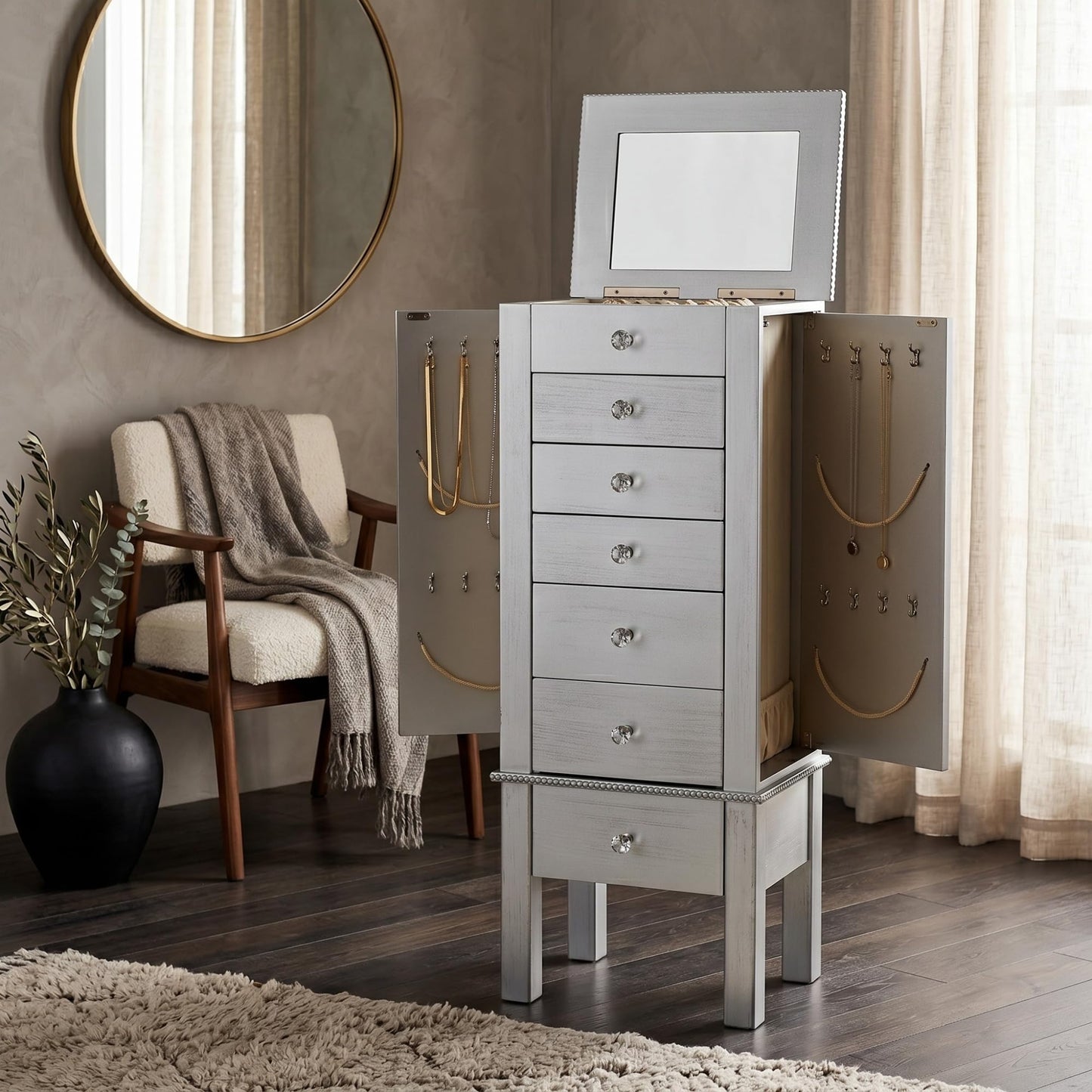 Hives and Honey Kimberly Jewelry Armoire with Mirror, 6 Felt-Lined Drawers, Necklace Hooks, Ring Rolls, Cord Port, Jewel Pulls – Elegant Storage Organizer for Women – Silver
