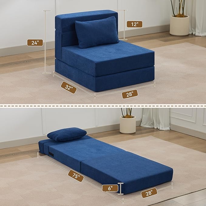 WUTUTUEE Folding Sofa Bed Convertible Floor Couch Foldable Chair Bed with Pillow，Linen Sleeper Chair Futon,Foldable Memory Foam Mattress for Bedroom/Living Room/Dorm/Office (Navy, Single)