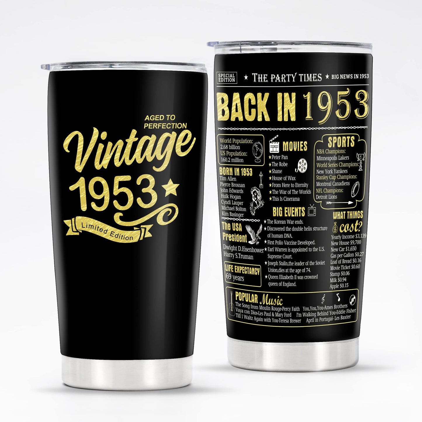 KERAOO Happy 72th Birthday Tumblers Gifts for Men Women, Back in 1953 Stainless Steel Tumblers Gifts, 1953 72 Years Old Birthday Gift For Wife Husband Mom Dad