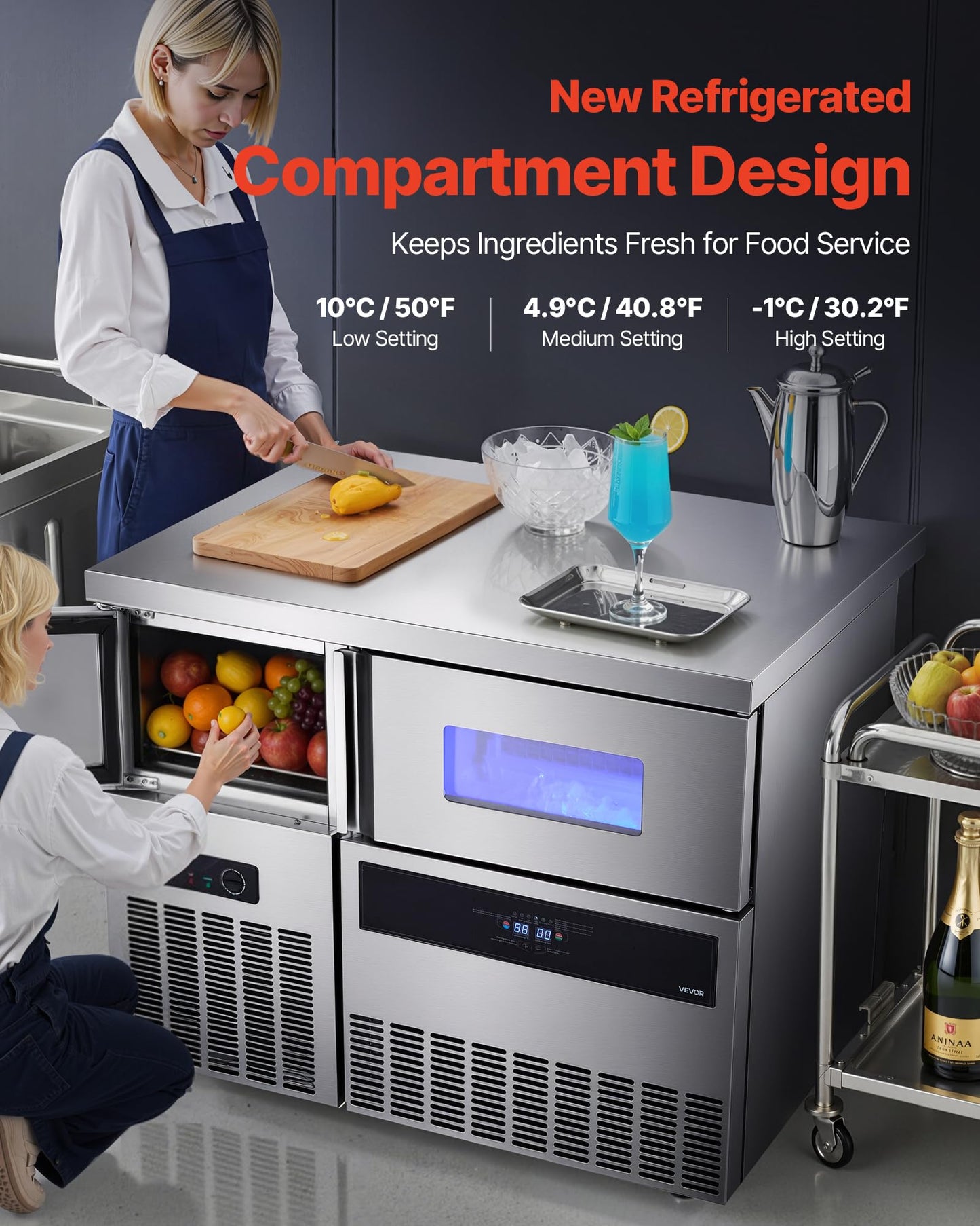 VEVOR Commercial Ice Maker Machine, 330 lbs/24H Stainless Steel Ice Machine with Worktop, 88 lbs Storage & 144 Cubes/Cycle, Self-Cleaning Freestanding Ice-Making for Home Bar Office Restaurant Kitchen
