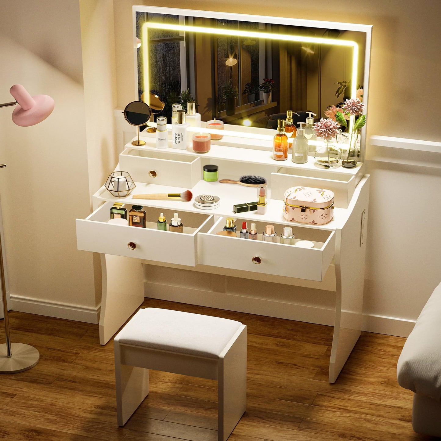 COMHOMA Makeup Vanity Desk with Mirror and Lights, Vanity Table and Chair Set with 5 Drawers and Charging Station, Bedroom Dresser LED Mirror Stepless Dimmable & 3 Color Modes Adjustable, Pure White