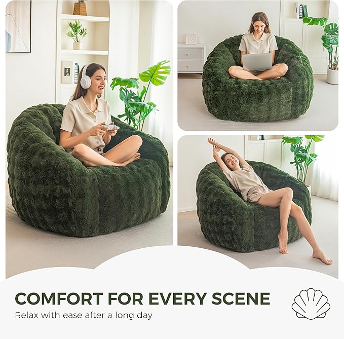 MAXYOYO Giant Bean Bag Chair for Adults, Stuffed Shell-Shaped Large Bean Bag Couch, Cozy Living Room Chair with Filler, Floor Sofa Lazy Sofa for Bedroom Living Room, Green