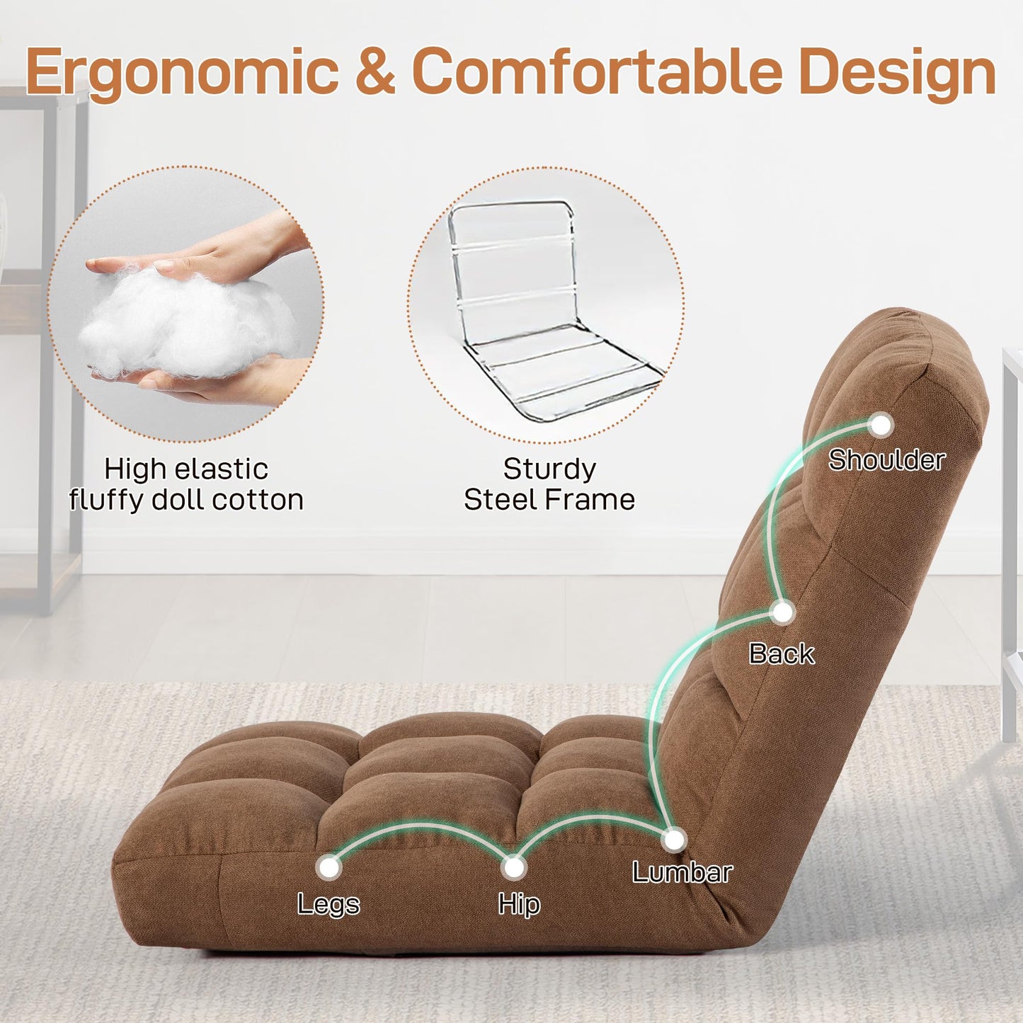 YI DANICA Floor Chair with Back Support Folding Chair with 6 Adjustable Position, Padded Sleeper Bed, Floor Gaming Chair, Meditation Chair, Gaming Floor Chairs for Adults (Country Rustic, Tan)