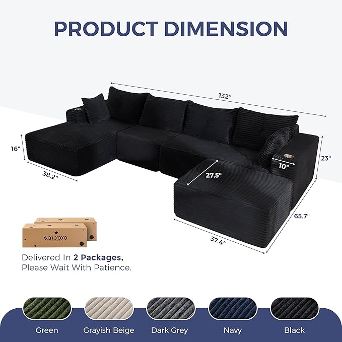 MAXYOYO 132" Giant U-Shaped Modular Sectional Couch, Modern Boneless Couch for Living Room, Sofa in A Box, Oversized Sofa Sleeper with Deep Seat, No Assembly Required, Black