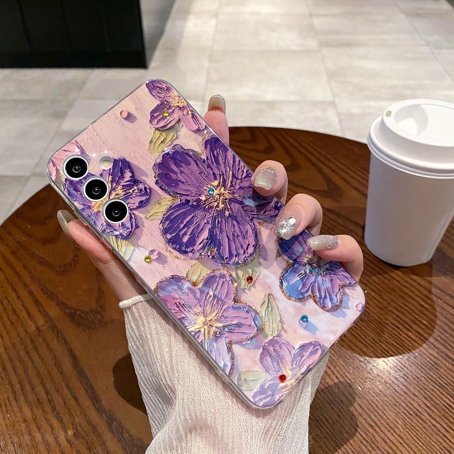 Leleyun Case For Samsung Galaxy A13 5G, Retro Oil Painting Printed Flower Cute Pattern With Glitter Gem Phone Cover Durable Tpu