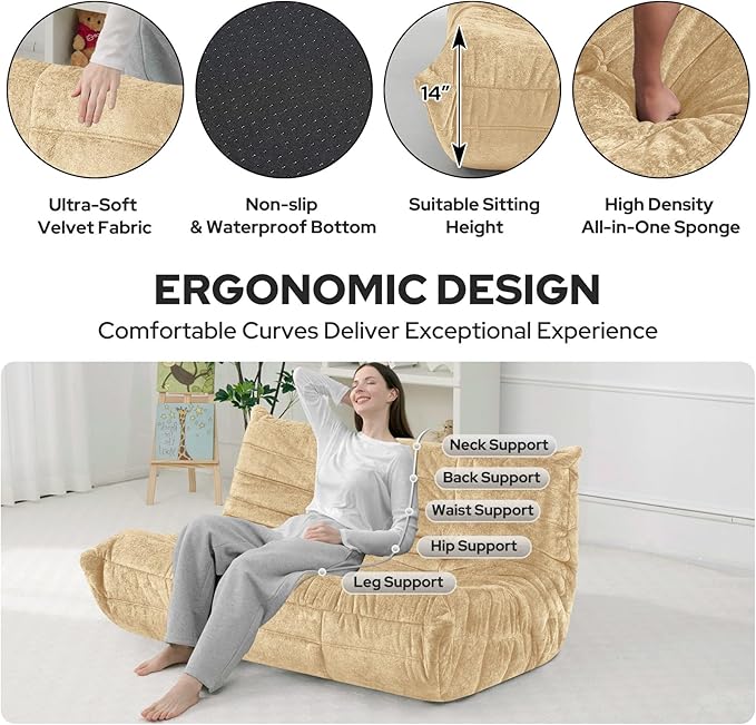 HABUTWAY Bean Bag Chair, Giant Bean Bag Chairs for Adults, Loveseat Fireside Chair, 2 Seater Lazy Bean Bag Sofa Memory Foam Couch for Living Room, Bedroom, Office (Khaki)