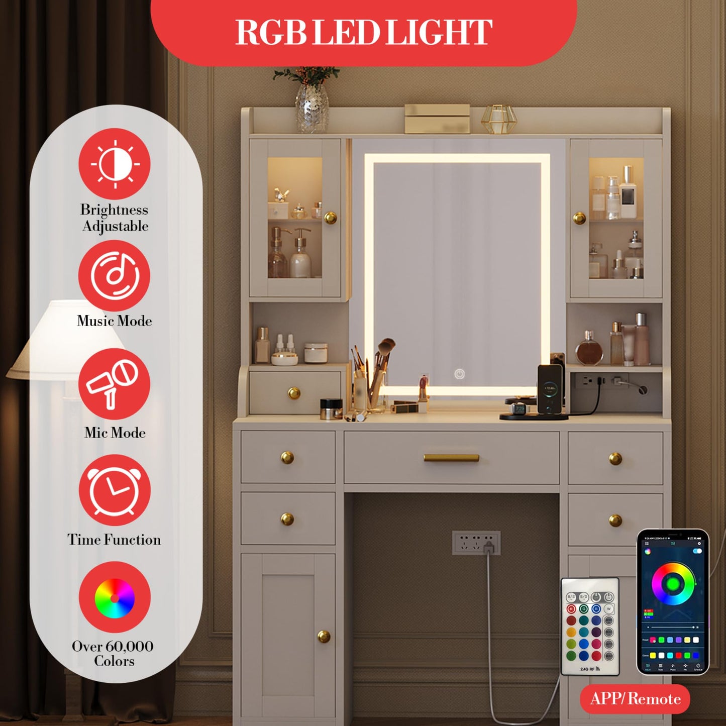 41" Vanity Desk with Mirror and Lights, Makeup Vanity with 6 Drawers, Storage Shelves, RGB Cabinets and 3 Lighting Modes Adjustable Brightness, Dressing Table with Charging Station for Bedroom- White