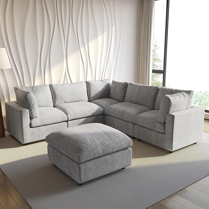 WJShome Cloud Couch Modular Sectional Sofa,100.5" V Shaped Couch, Convertible Wide Seater with Ottoman, 6 Seater for Living Room Set,Covers Washable&Replaceable,Gray