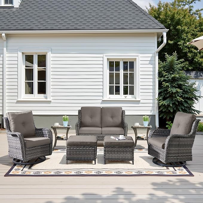 Belord Outdoor Patio Furniture Set - 7 Piece Gray Wicker Conversation Patio Furniture Set All Weather Swivel Chairs with Ottoman and Loveseat Glider Chair for Deck Balcony Backyard