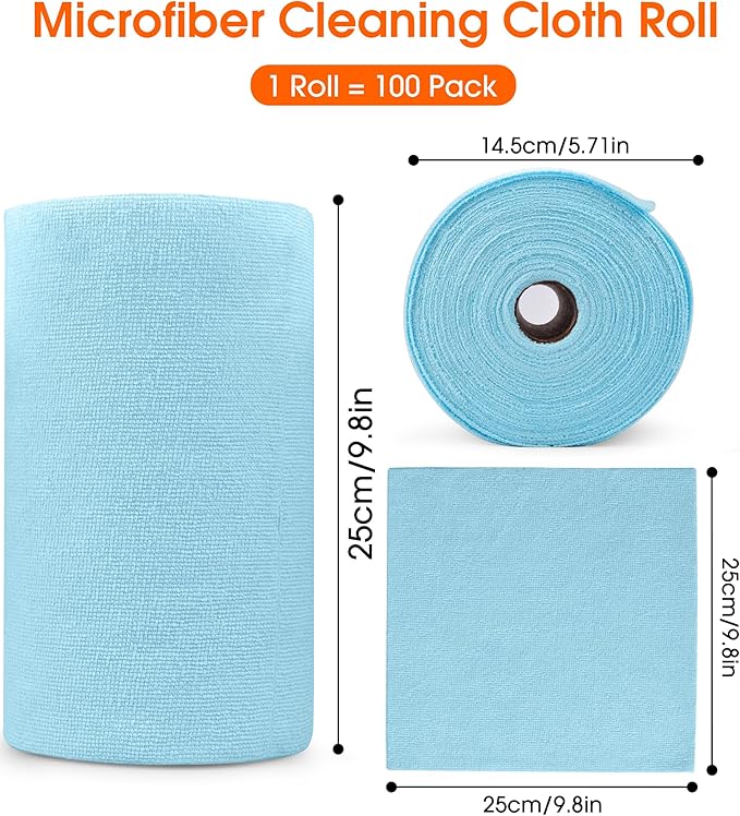 Microfiber Cleaning Cloth Roll–100 Pack, Tear Away Microfiber Towels, Reusable, Washable, Scratch-Free, Kitchen Towels for Car, Home, Kitchen, Glass, Dishes (Blue)