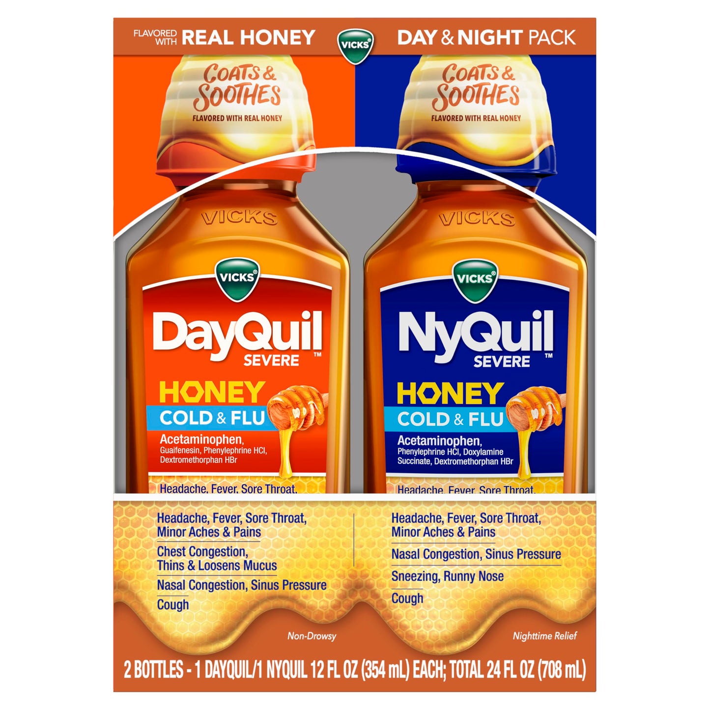 VICKS DayQuil & NyQuil SEVERE Honey Flavor Co-Pack, Cold & Flu Medicine, Relieves Headache, Fever, Sore Throat, Minor Aches & Pains, Nasal Congestion, Sinus Pressure, Stuffy Nose, and Cough, 2x12oz