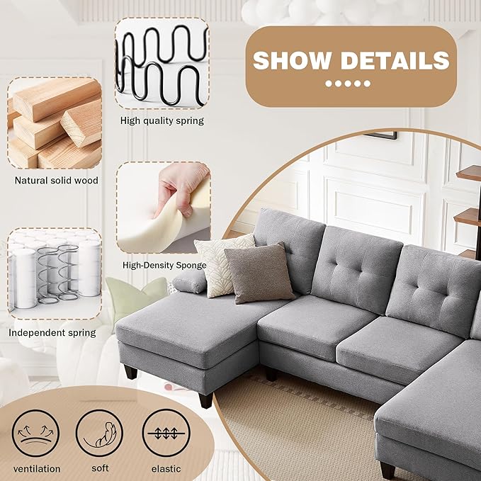 Chireca 111" Sectional Couch for Living Room, Modern Polyester Fibre U Shaped Sofa Couches with Double Chaise, Upholstered 4 Seater Sofa for Living Room, Apartment, Office, Light Grey
