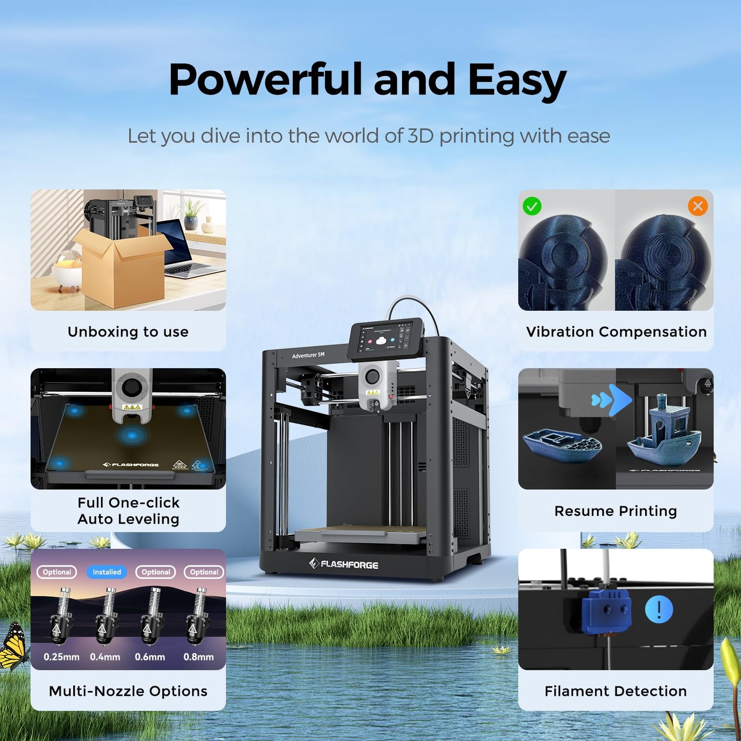 FLASHFORGE Adventurer 5M 3D Printer, 600mm/s Max High-Speed FDM 3D Printers with Auto Leveling, 280°C Direct Extruder with 3S Detachable Nozzle, Core XY All Metal Structure, Print Size 220x220x220mm