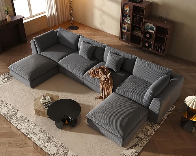 Fajiani Oversized Modular Sectional Sofa, Cloud Couch Deep Seat Sofa Cushion Covers Removable, Oversized Sectional Couches for Living Room (6 Seater U Shaped-Black Gray)