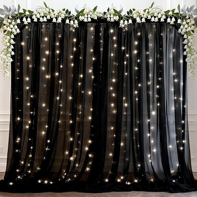 Ledido 10×8ft Black Tulle Backdrop Curtains with Lights String - 300LED Fairy Lights Sheer Curtain Backdrop for Wedding Ba...