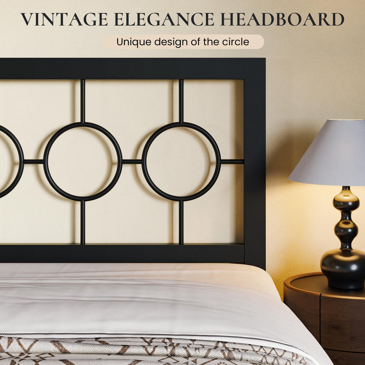 SHA CERLIN Queen Size Metal Bed Frame with Vintage Circular Design Headboard and Footboard,No Box Spring Required,Easy Assembly,Noise-Free,Black