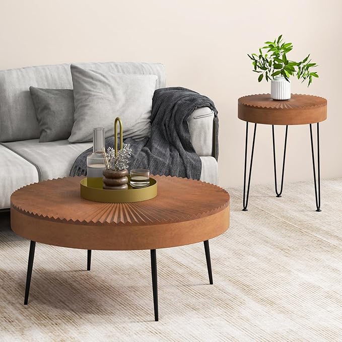 Giantex Boho Round Coffee Table Set of 2, Sofa Side Nesting Table with Solid Pine Wood Top, Metal Legs & Adjustable Foot Pads, 31.5" D Large Table Set for Living Room (Radial Pattern, Brown)