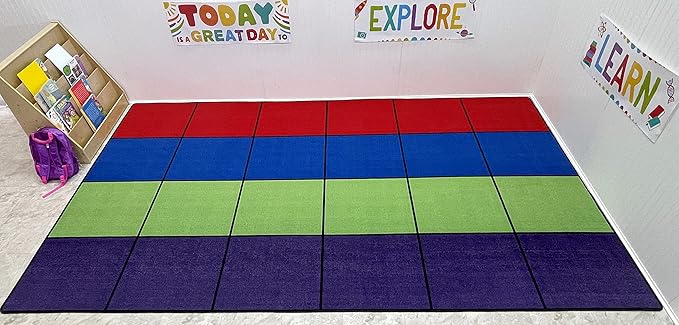 KIDCARPET.COM Blocks Seating Classroom Rug Multi with 24 Squares, 7'6" x 12' Rectangle, Educational Classroom Rug, Kids Learning Play Mat | Area Rug for Bedroom or Playroom