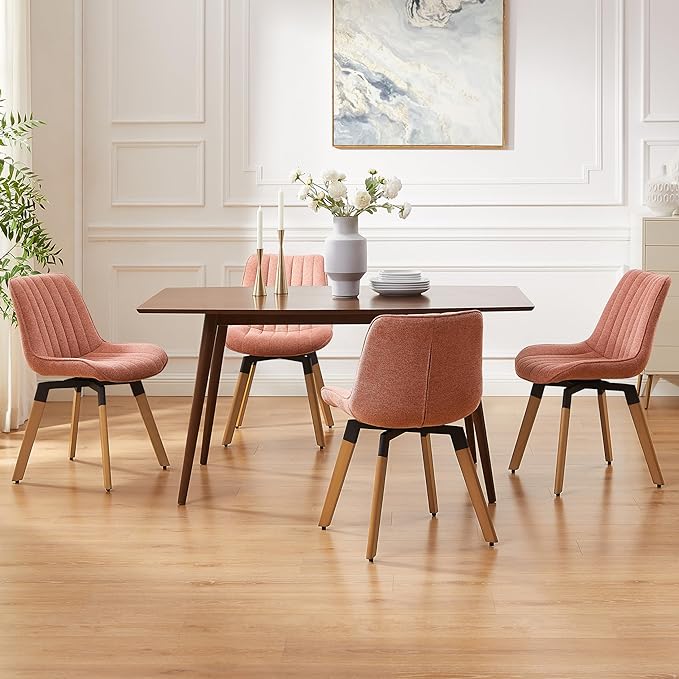 Art Leon Dining Chairs Set of 4, Mid Century Modern Swivel Dining Room Chairs, Fabric Upholstered Armless Side Chairs with Wood Legs for Kitchen Living Room Bedroom, Rose