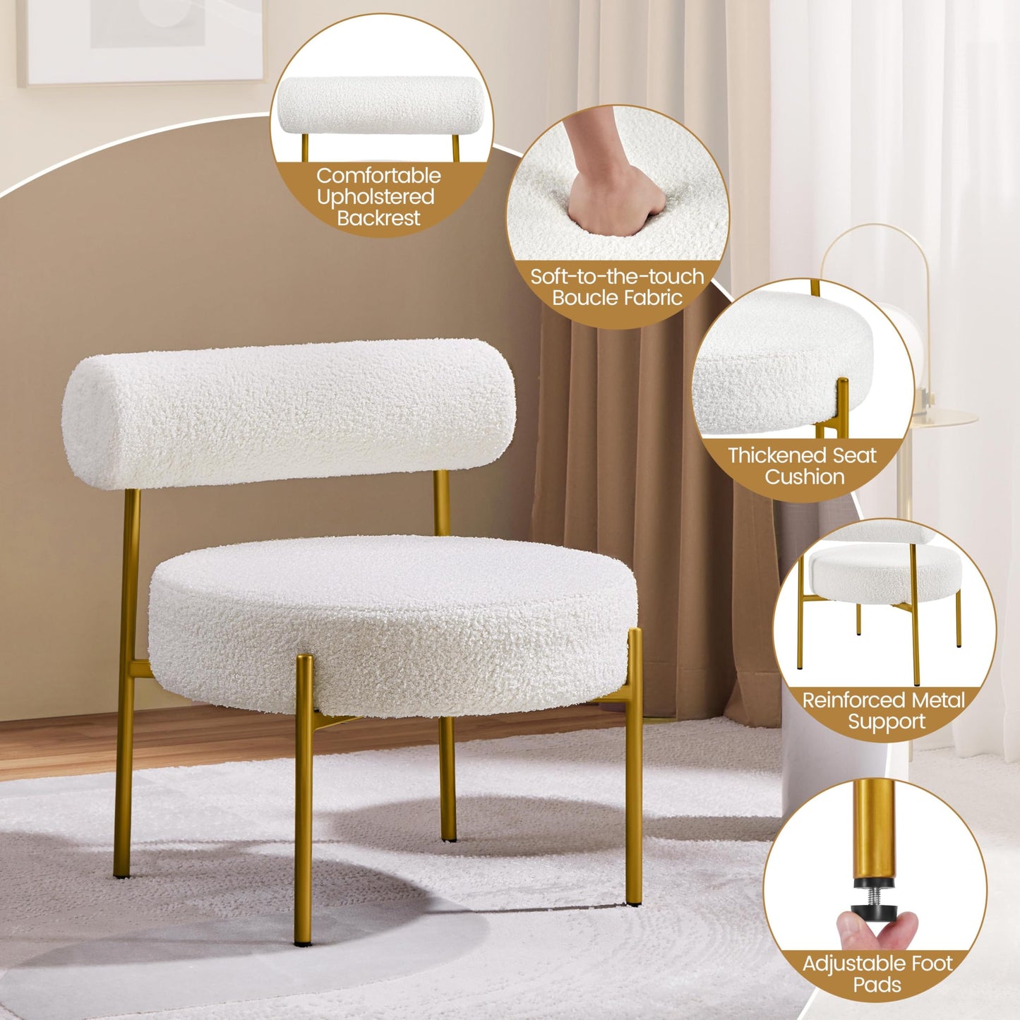 Topeakmart Modern Vanity Chair, Boucle Fabric Accent Chair with Gold Metal Legs for Living Room Makeup Room, White