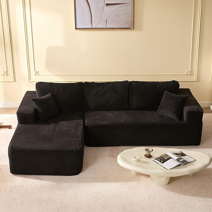 Afuson 107" Boneless Couch with Deep Seat, Modular Sectional Sofa, Cloud Sectional Couch for Living Room, No Assembly Required, Corduroy, L-Shape Left, Black