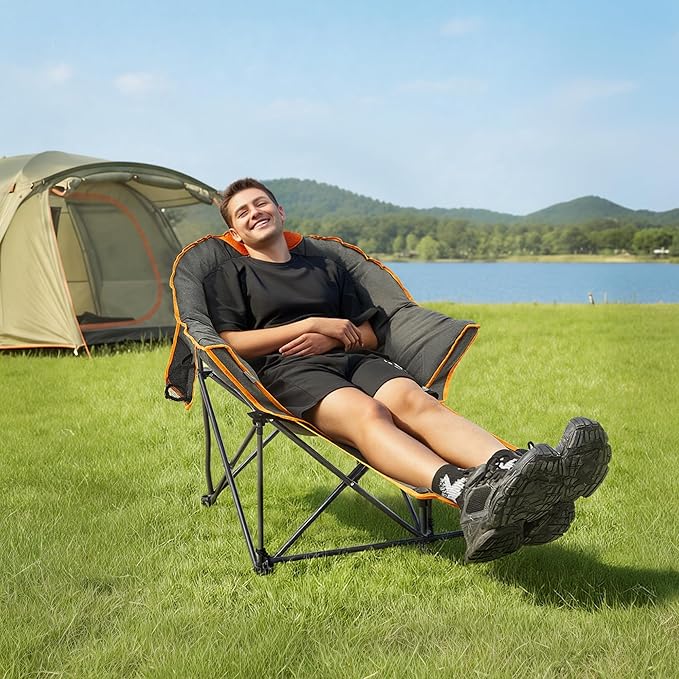 OUTDOOR LIVING SUNTIME Oversized Padded Comfy Camping Chair with Removable Footrest，Weight Capacity 400LBS, Heavy Duty Moon Round Leisure Folding Chair for Camping, Hiking, Carry Bag, Orange