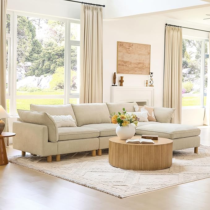 CHITA 127" Super Large Sectional Couches for Living Room, Modular Cloud Couch Sectional Sofa, Premium Fabric Couches, Down Filled, High Density Foam, Chenille in Beige, 5 Seat U Shaped