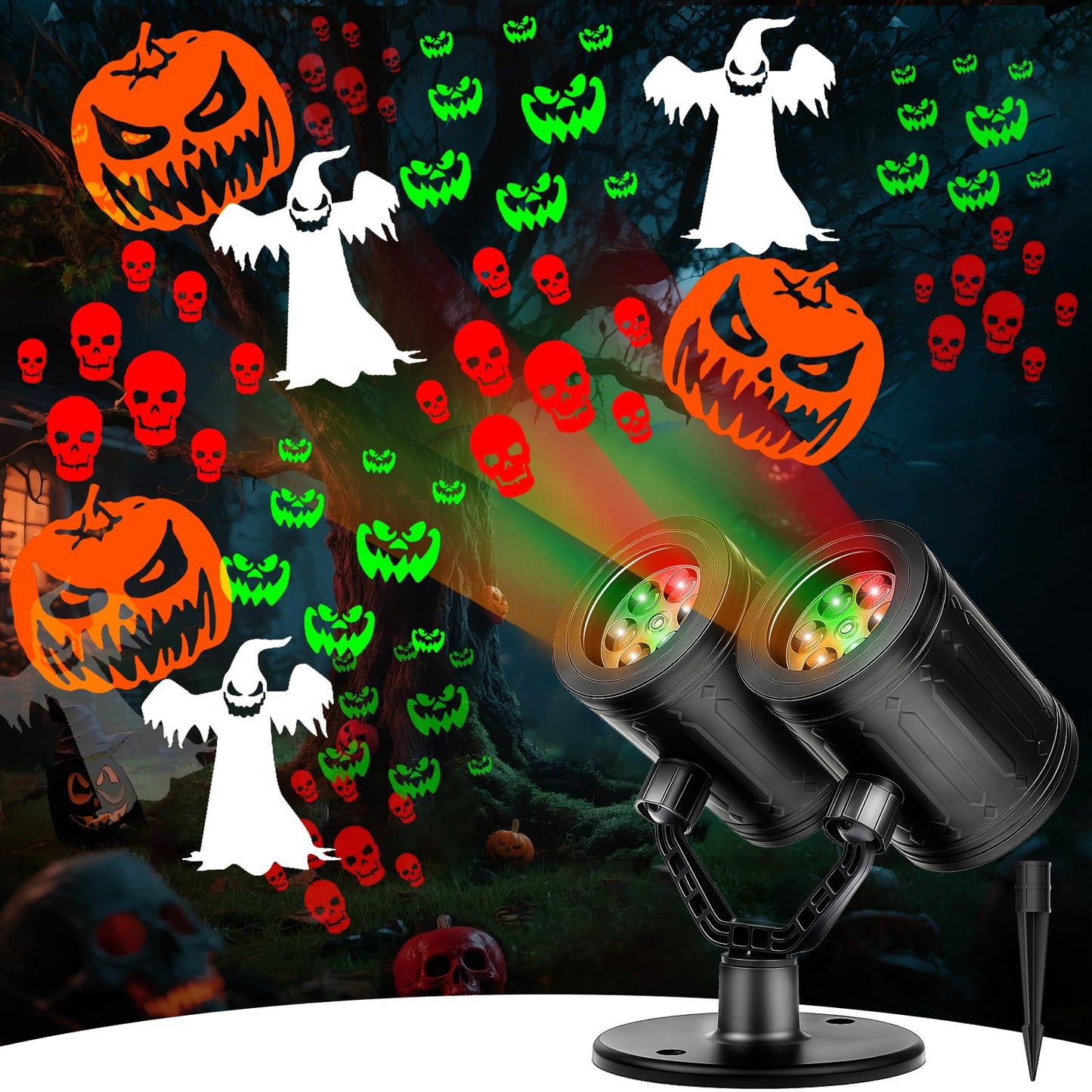 Upgraded Halloween Projector Lights Outdoor, Double Head Dynamic Projector Lights Indoor, 360° Rotating Waterproof Pumpkin Ghost Skeleton Bats Projection Light for House Patio Window Party Decor