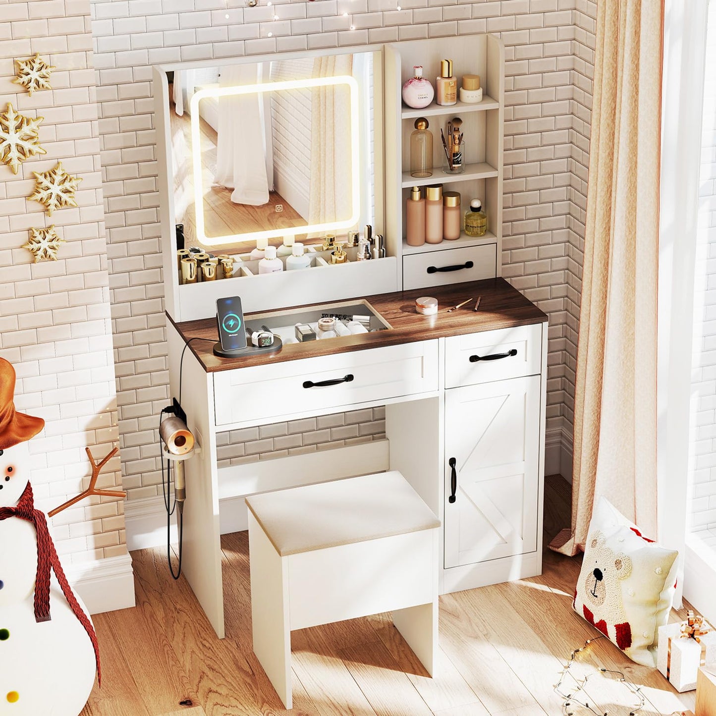 CHARMAID Glass Top Vanity Desk with Lighted Mirror, Storage Stool & Drawers, Charging Station, Farmhouse Makeup Vanity Table with Mirror and Lights for Bedroom