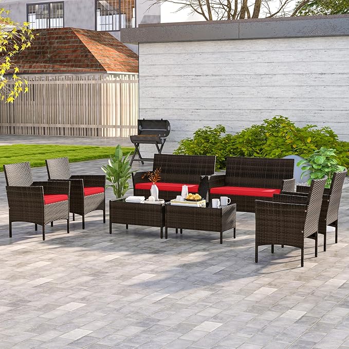 KOTEK 8 Piece Patio Furniture Set, Outdoor Rattan Conversation Set with Loveseat, Wicker Chairs, Tempered Glass Coffee Table, Wicker Patio Set for Backyard, Porch (Red)