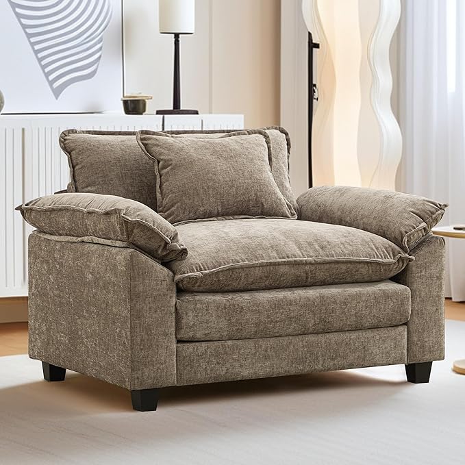 URRED Modular Sectional Sofa Comfy Cloud Couch, Modern Chenille Sofa Sleeper Deep Seat Couches with Ottoman/Pillows for Living Room (Khaki, 53'')