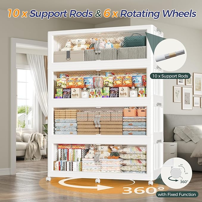 180GAL Plastic Storage Bins with Lid, 720QT Extra Large Stackable Closet Organizers and Storage, Collapsible Storage Boxes with Wheels, Folding Cabinet for Home Kitchen Office, 3Pack White