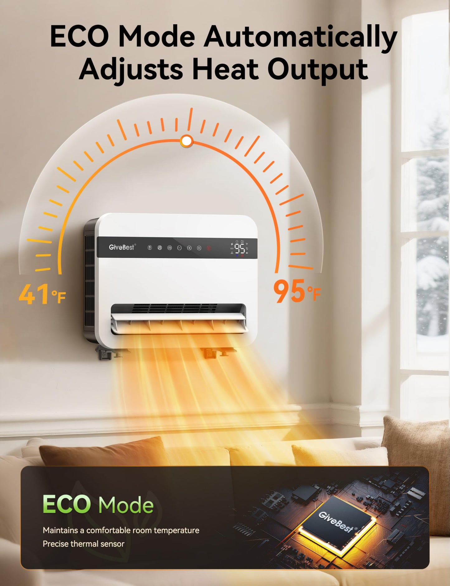 Givebest-Wall-Heater-for-Indoor-Use, 1500W Electric-Space-Heater, 120°Vertical Oscillation,Compatible with Alexa, Adjustable Thermostat, Remote Control, 24H Timer, Easy-mounted Heater for Indoor Use