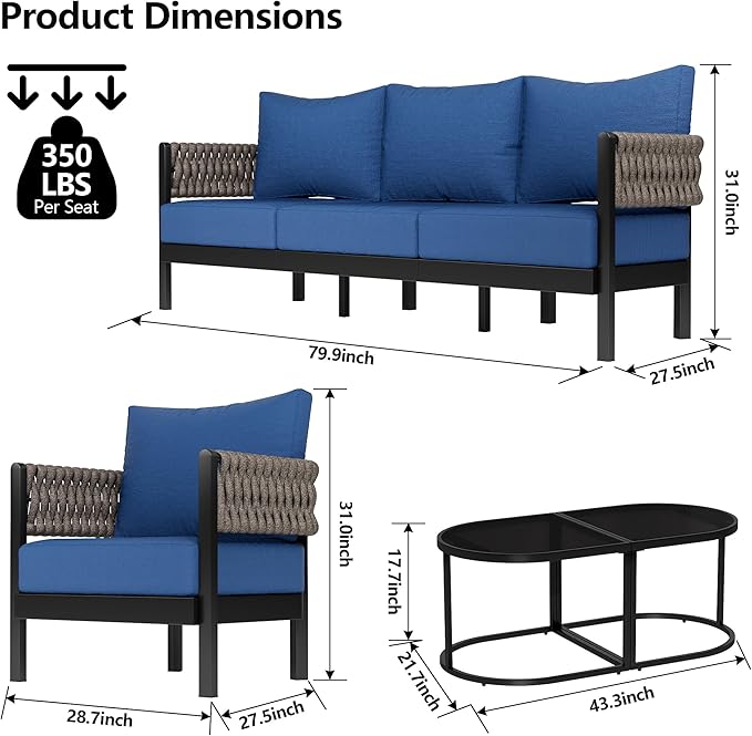 RTDTD Aluminum Patio Furniture Set,5 Pieces HDPE Rope Patio Conversation Sets with Modular Coffee Table,Metal Outdoor Sectional Furniture w/5.9" Thick Cushions for Porch,Deck,Backyard,Navy Blue