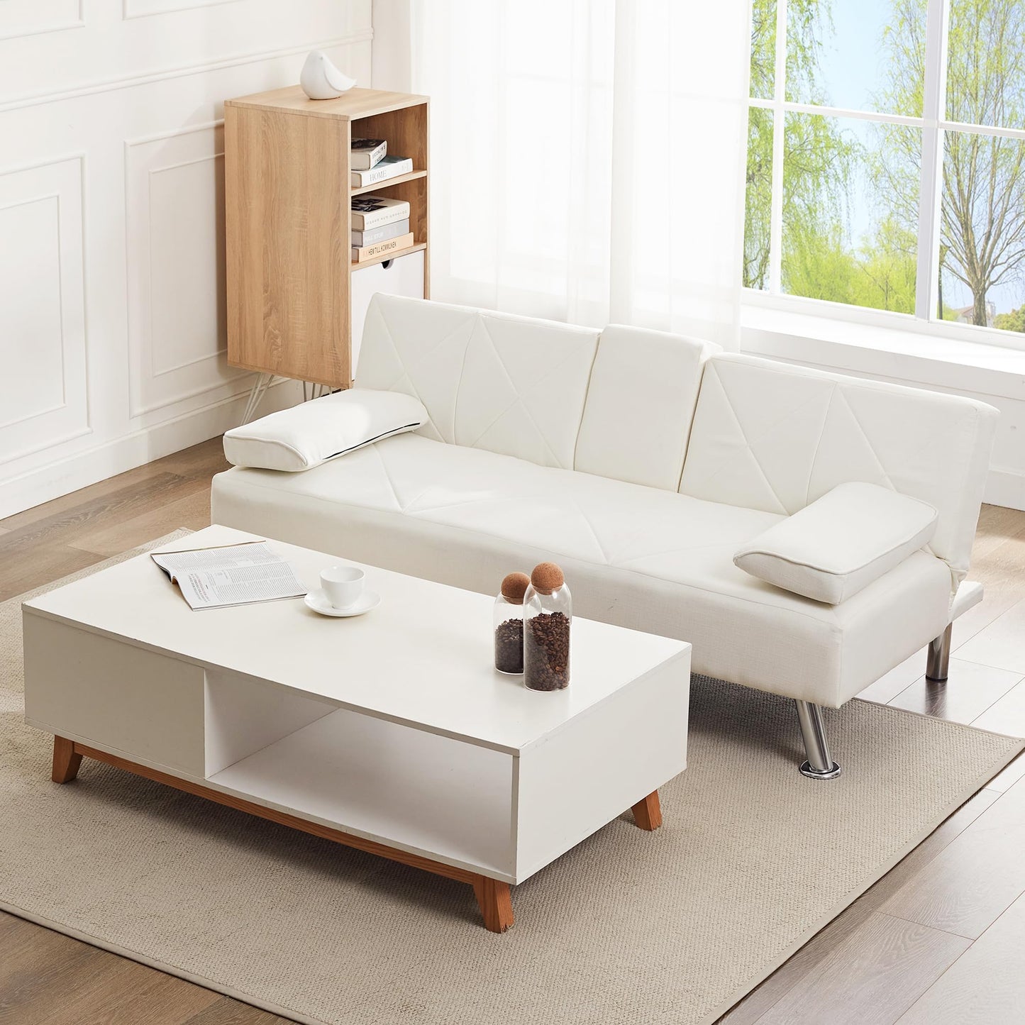 VECELO Modern Convertible Folding Futon Sofa Bed with Removable Armrests Breathable Linen Recliner Couch for Living Room/Apartment Lounge, 2 Cup Holders, Beige