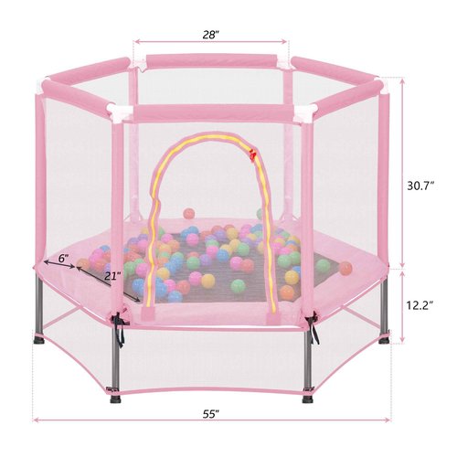 Merax 55" Indoor/Outdoor Kids Jumper: Safety Enclosure Net, Ball Pit Included | 4.5FT Mini Trampoline for Toddlers & Babies 3+ Months,Pink