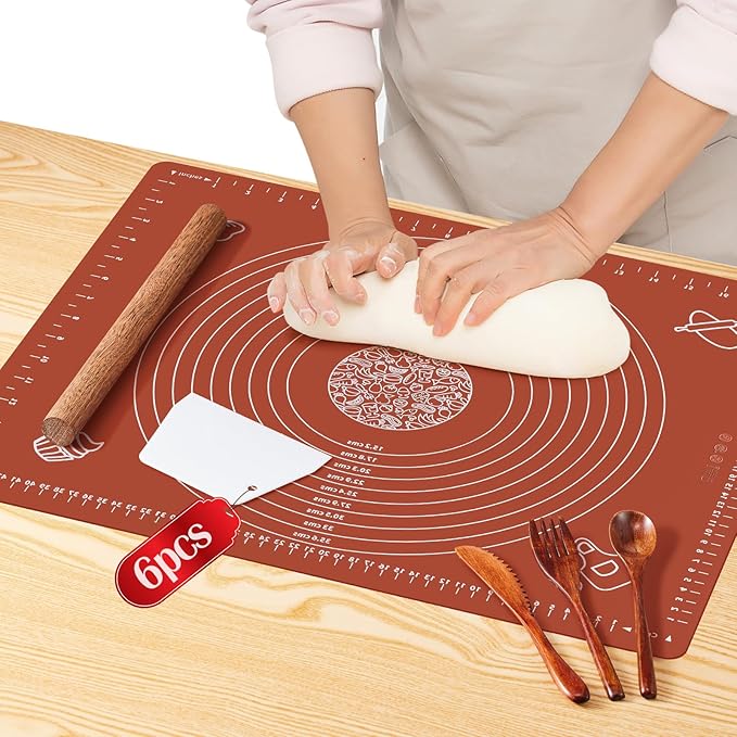 6PCS Silicone Baking Mat Set, Pastry Mat with Measurements Wooden Rolling Pin/Knife/Fork/Spoon/Scraper, Pasta Cutter,Non-slip Silicone Mat, Non-Stick Dough Mat for Counter,Kneading Mat Set,28''*20''