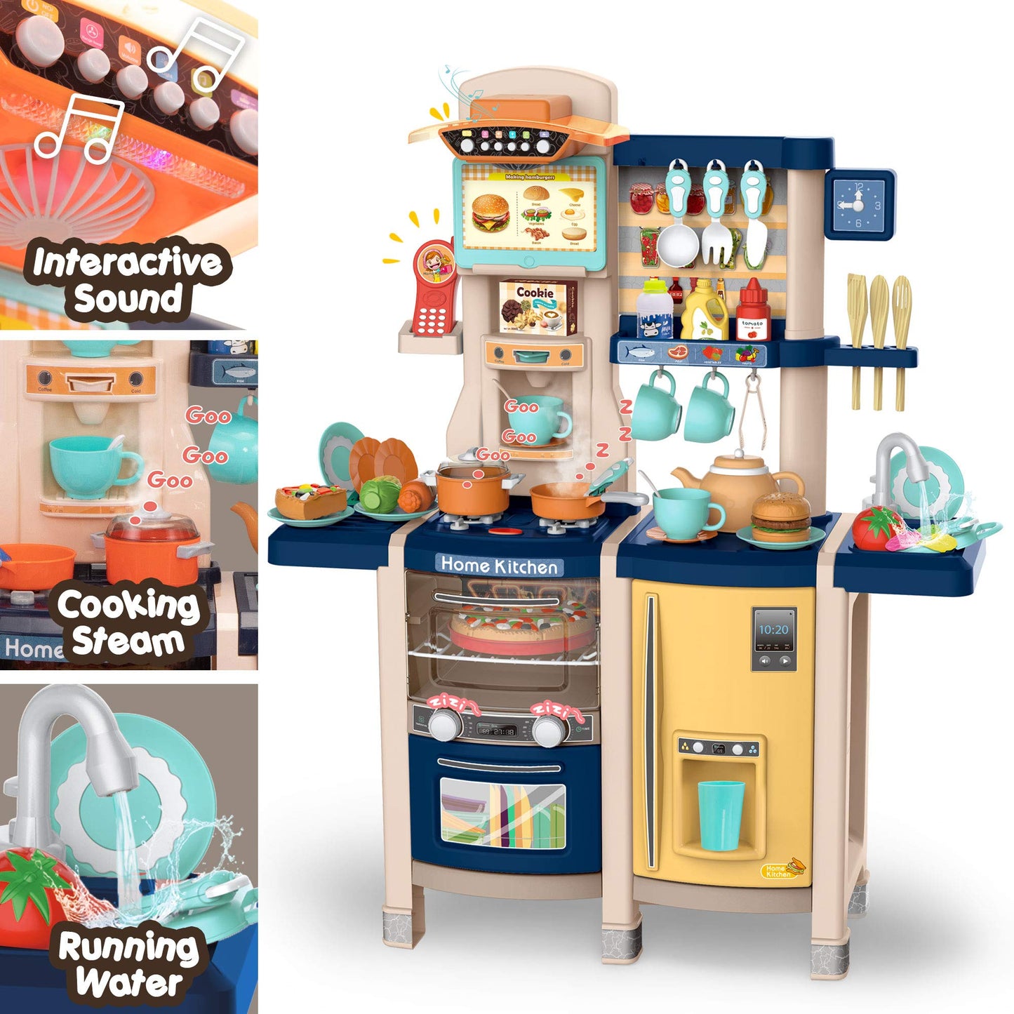 SANDINRAYLI Play Kitchen, Kids Kitchen Playset for Kids Ages 4-8, Toy Kitchen with Spray Stove, Oven, Sink, Dishwasher, Pretend Kitchen Set for Toddlers 3-5 with Real Sounds and Light, Blue