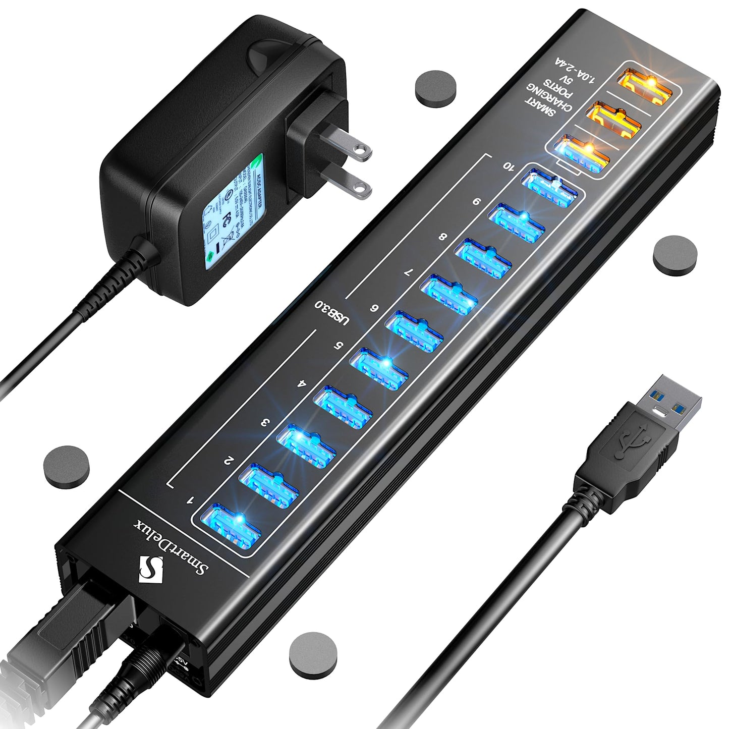 Smartdelux Powered Usb Hub - 13-Port Usb 3.0 Hub With 10 Usb 3.0 Ports, 3 Smart Charging Ports, Power Adapter, Long Cord, Leds -